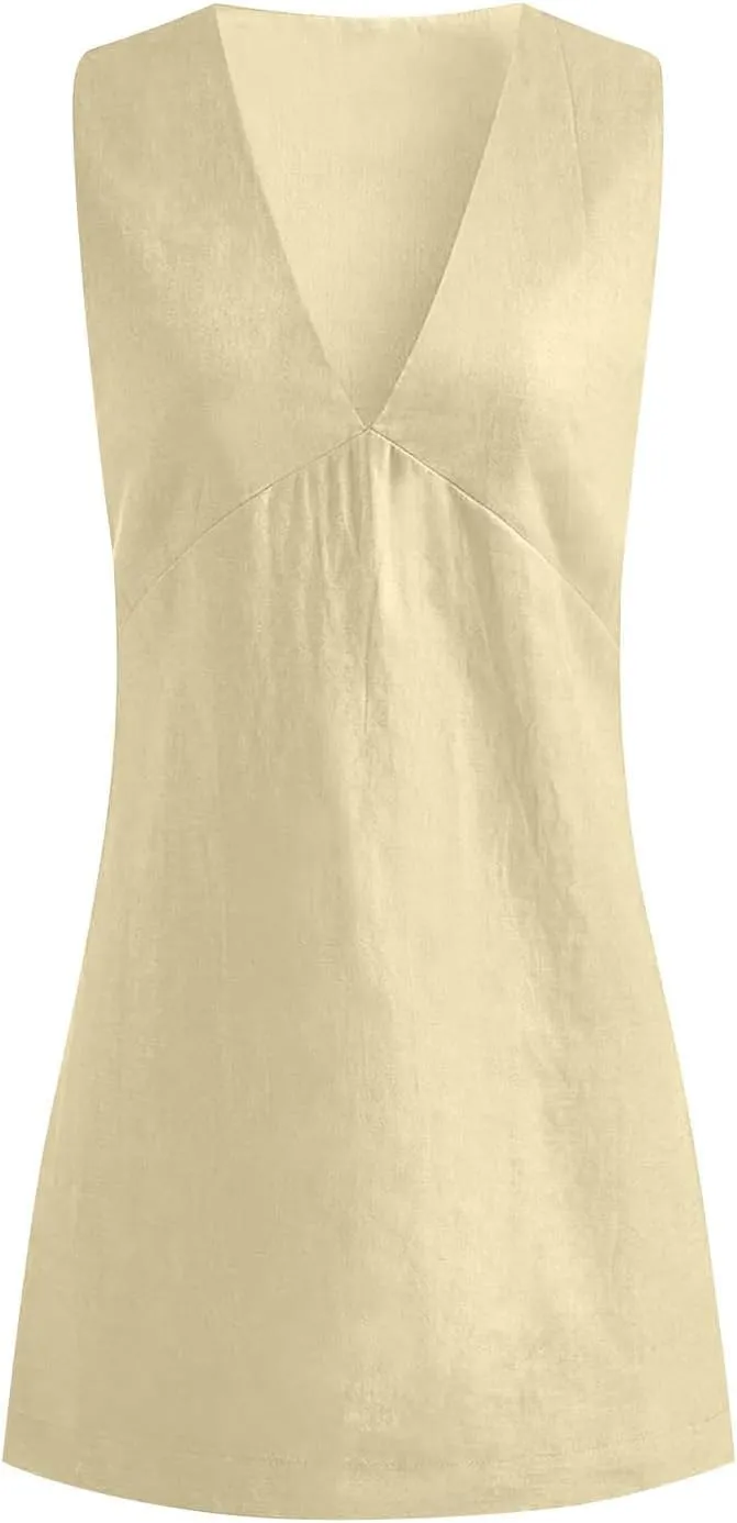 Summer Dresses for Women 2025 Cotton Linen Deep V Neck Sleeveless Sundresses Shift Mini Dress Vacation Sun Dresses