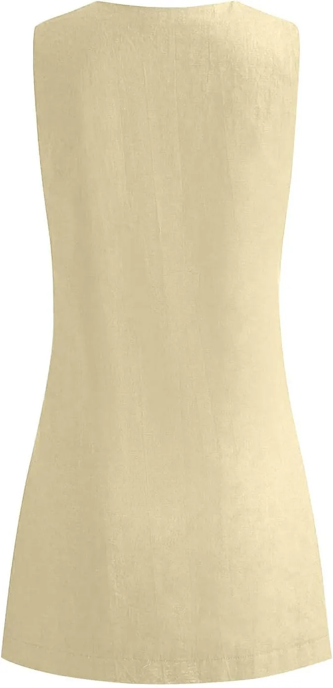 Summer Dresses for Women 2025 Cotton Linen Deep V Neck Sleeveless Sundresses Shift Mini Dress Vacation Sun Dresses