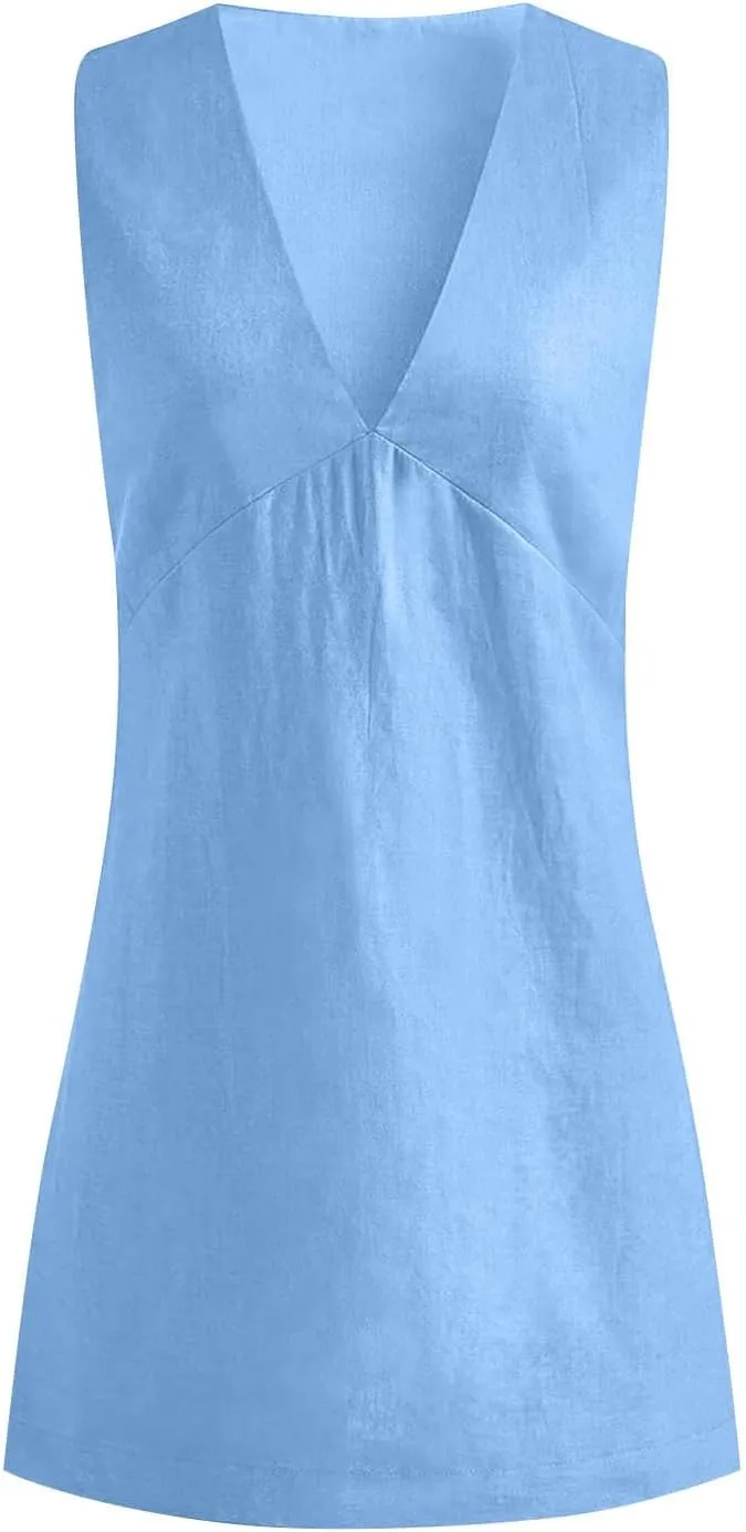 Summer Dresses for Women 2025 Cotton Linen Deep V Neck Sleeveless Sundresses Shift Mini Dress Vacation Sun Dresses