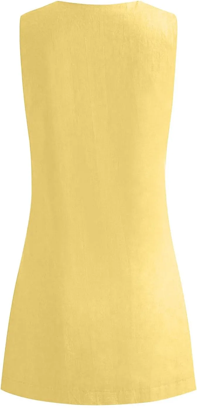 Summer Dresses for Women 2025 Cotton Linen Deep V Neck Sleeveless Sundresses Shift Mini Dress Vacation Sun Dresses