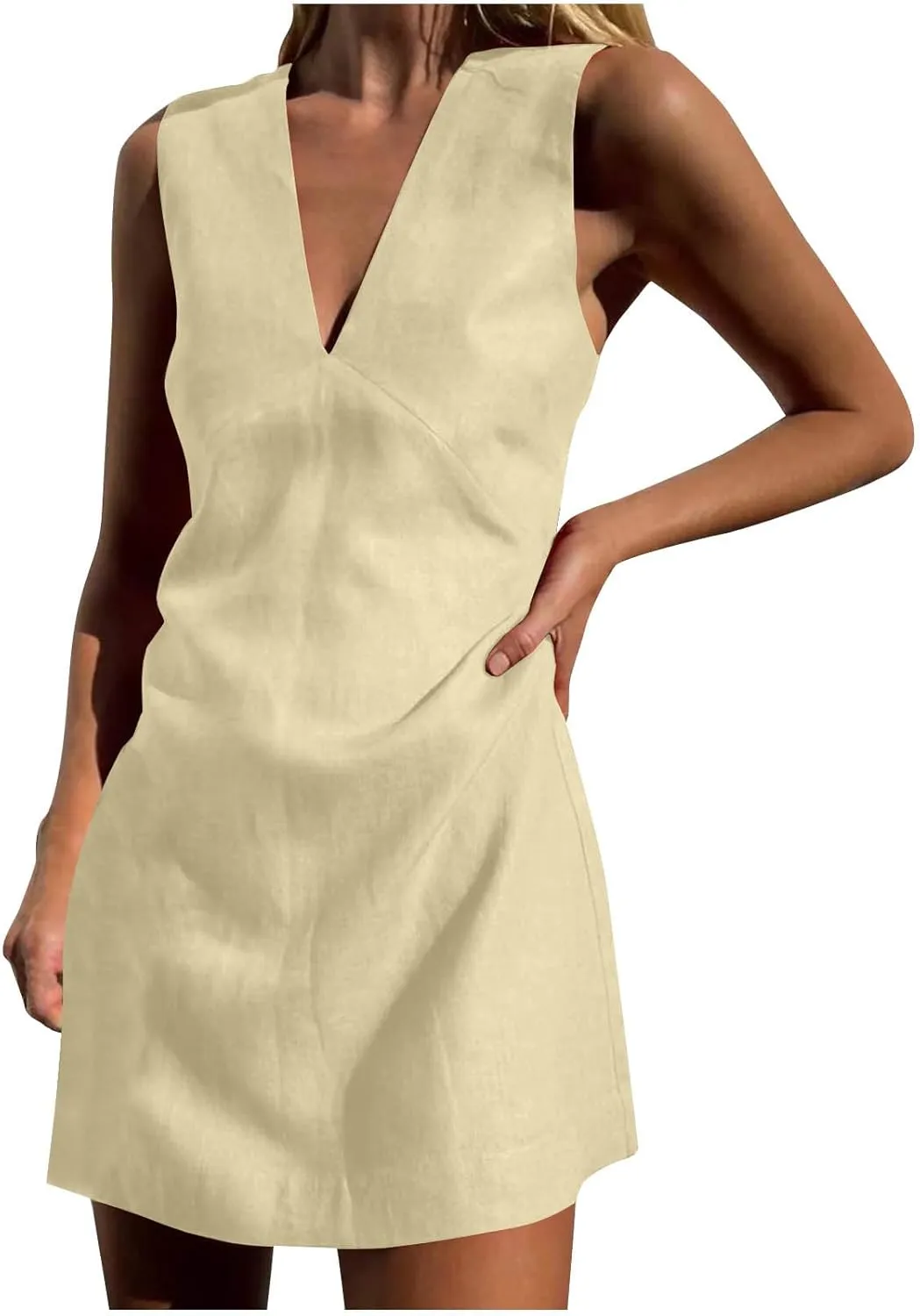 Summer Dresses for Women 2025 Cotton Linen Deep V Neck Sleeveless Sundresses Shift Mini Dress Vacation Sun Dresses