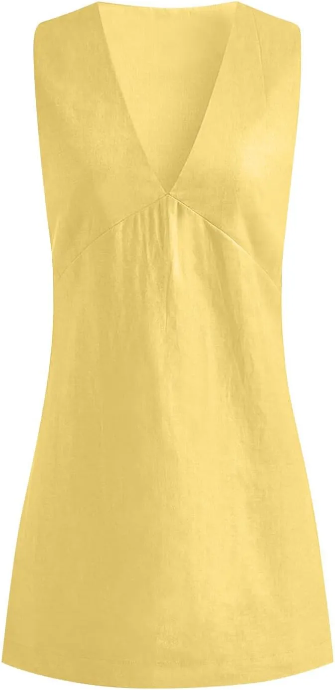 Summer Dresses for Women 2025 Cotton Linen Deep V Neck Sleeveless Sundresses Shift Mini Dress Vacation Sun Dresses