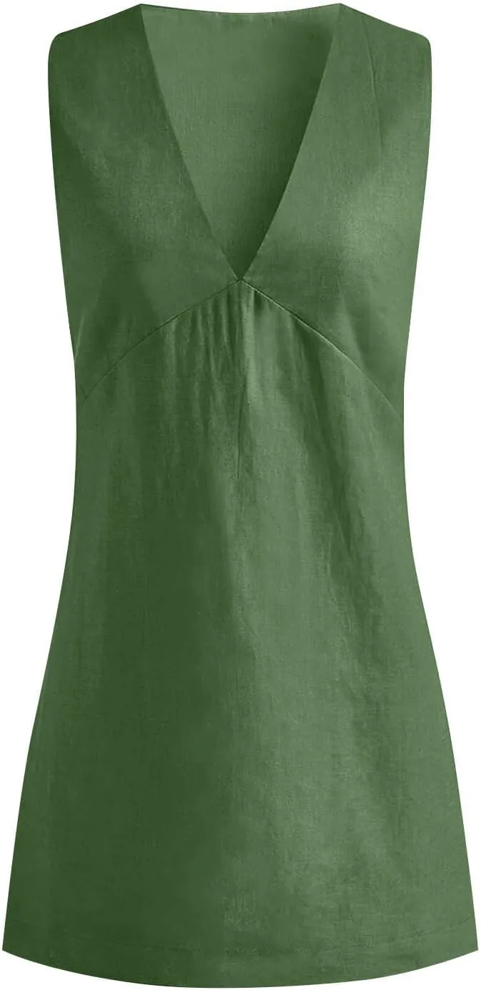 Summer Dresses for Women 2025 Cotton Linen Deep V Neck Sleeveless Sundresses Shift Mini Dress Vacation Sun Dresses