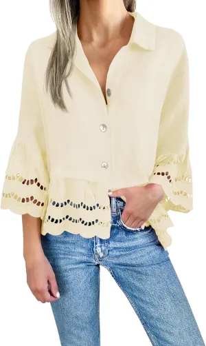 Summer Shirts for Women Fashion 3/4 Bell Sleeve Button Down Shirts Casual V Neck Lace Blouses Hollow Out Ruffle Hem Tops