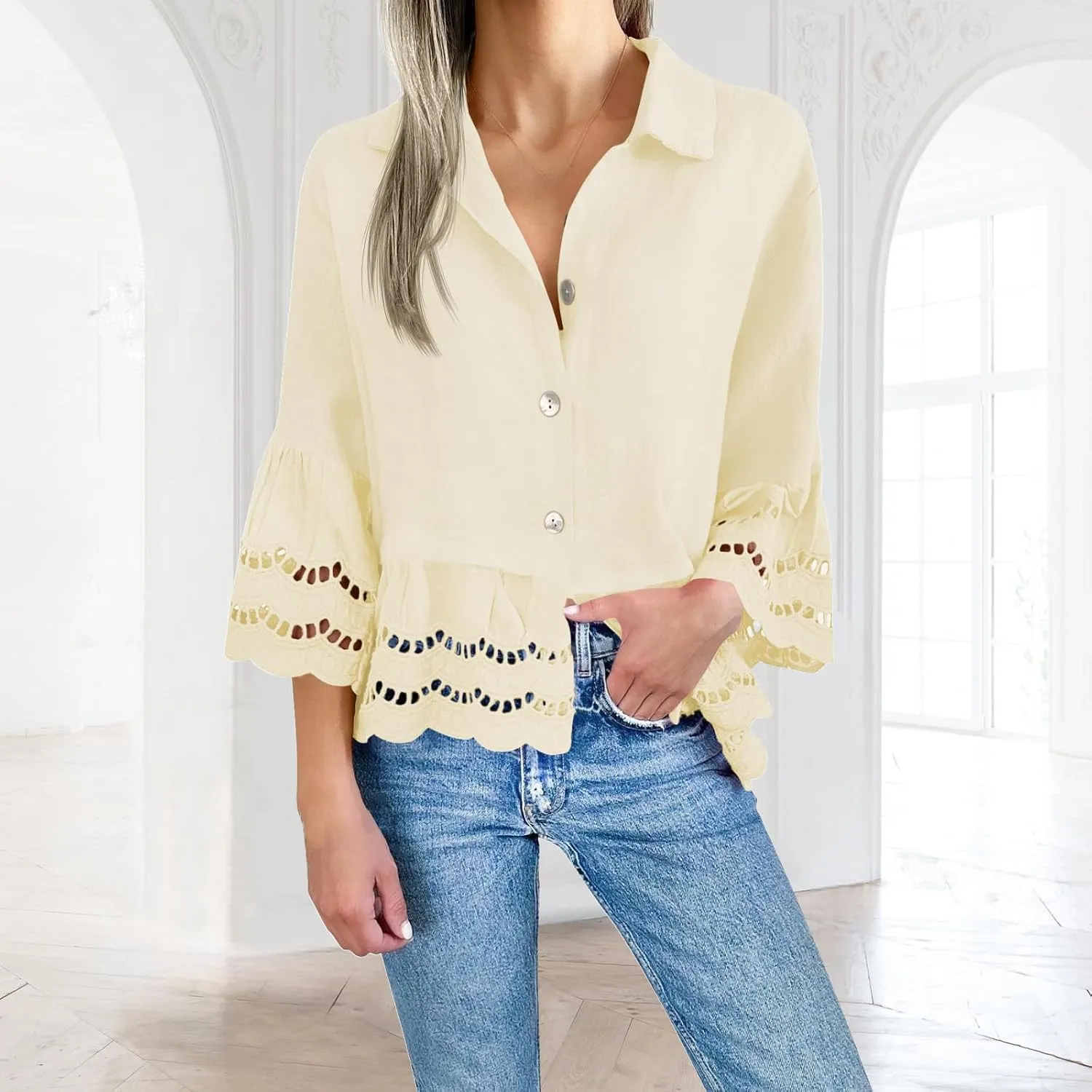 Summer Shirts for Women Fashion 3/4 Bell Sleeve Button Down Shirts Casual V Neck Lace Blouses Hollow Out Ruffle Hem Tops