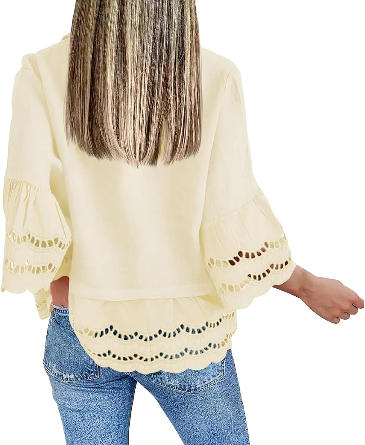Summer Shirts for Women Fashion 3/4 Bell Sleeve Button Down Shirts Casual V Neck Lace Blouses Hollow Out Ruffle Hem Tops