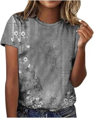 Summer Tops for Women 2025 Short Sleeve Casual Loose Print Vintage Crewneck Tshirt Tunic Tops Dressy Shirts