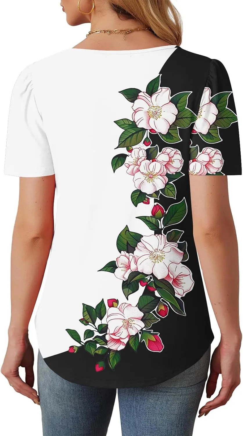 Summer Tops for Women 2025 Short Sleeve Floral Print Graphic Tees Trendy Boho Tops Dressy Casual Tunic Hawaiian Shirt