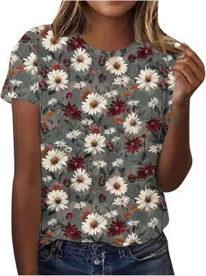 Summer Tops for Women 2025 Trendy Short Sleeve Boho Shirts Retro Floral Graphic Tees Plus Size Casual Crew Neck Tshirt
