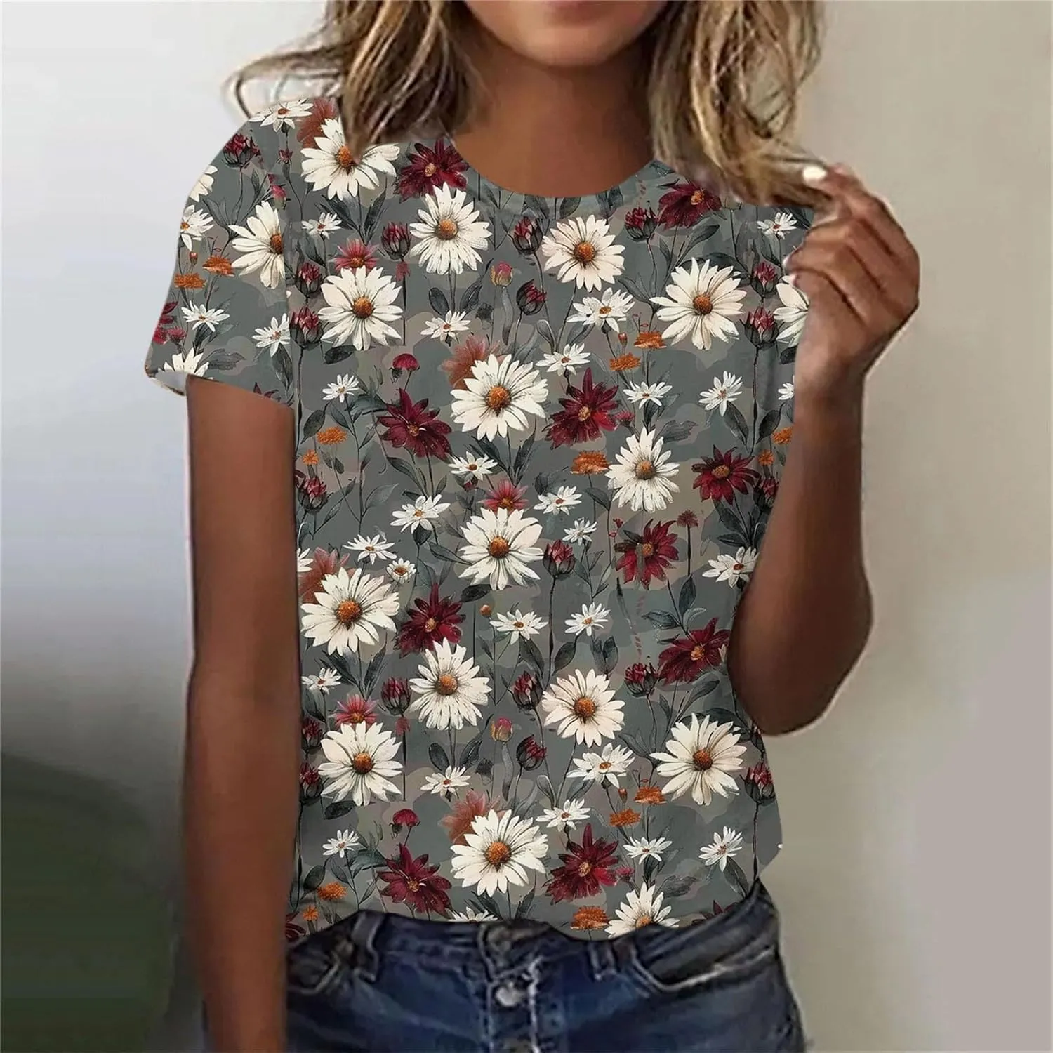 Summer Tops for Women 2025 Trendy Short Sleeve Boho Shirts Retro Floral Graphic Tees Plus Size Casual Crew Neck Tshirt