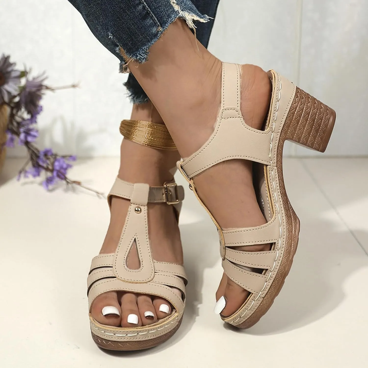 Summer Wedge Sandals for Women Comfortable Open Toe Sandals Chunky Heel Fish Mouth Platform Sandal Dressy Casual Beach Walking Shoes with Ankle Strap