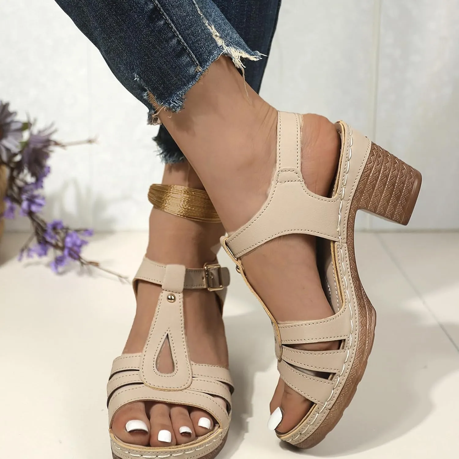Summer Wedge Sandals for Women Comfortable Open Toe Sandals Chunky Heel Fish Mouth Platform Sandal Dressy Casual Beach Walking Shoes with Ankle Strap