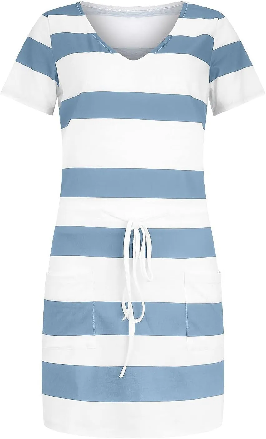 T Shirt Dresses for Women Striped Short Sleeve Tie Waist Mini Tshirt Dress Cute Summer Short Sundresses with Pockets