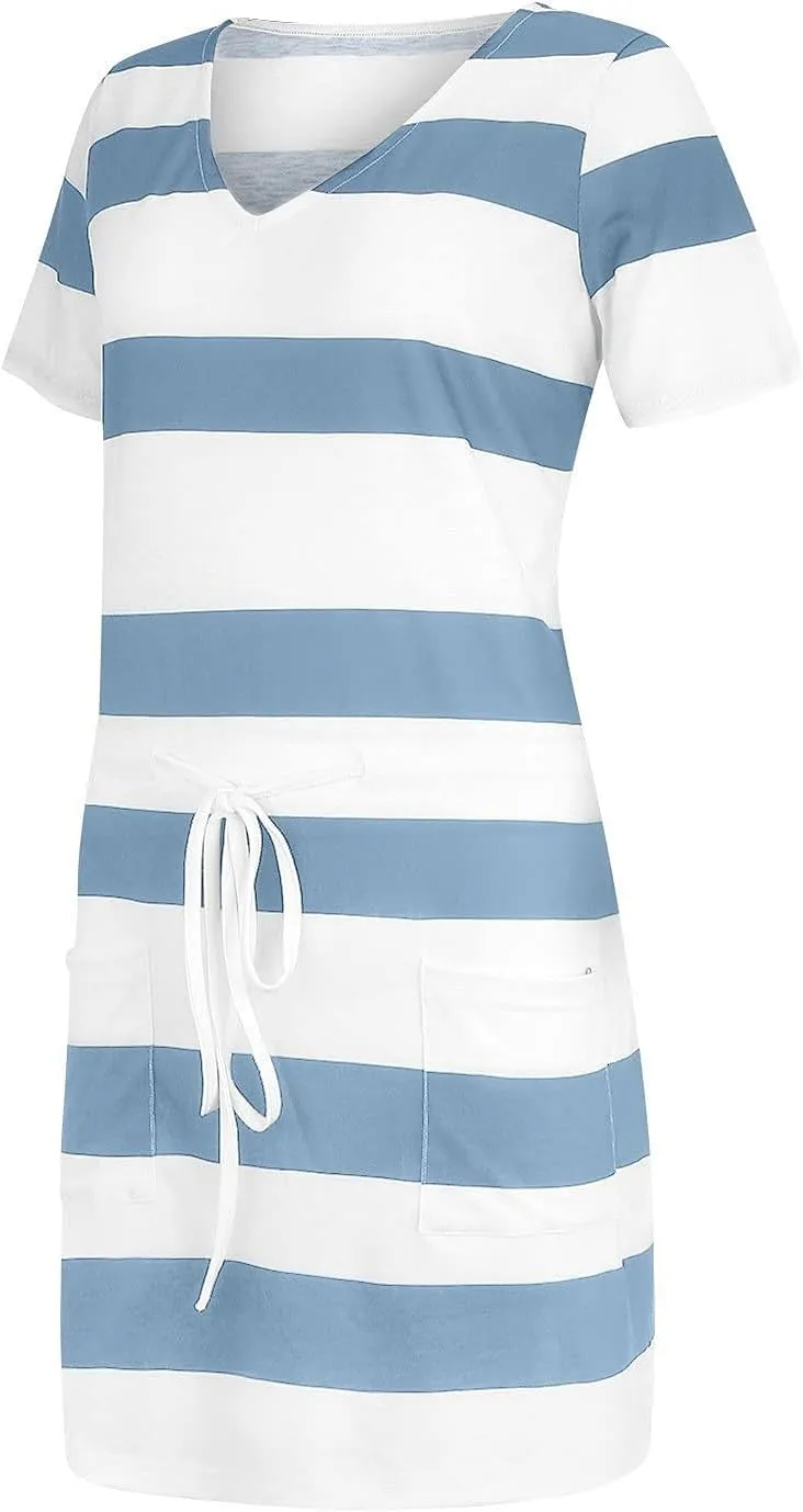 T Shirt Dresses for Women Striped Short Sleeve Tie Waist Mini Tshirt Dress Cute Summer Short Sundresses with Pockets