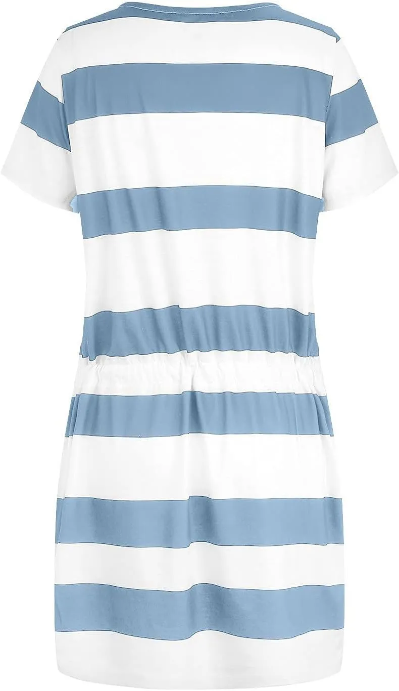 T Shirt Dresses for Women Striped Short Sleeve Tie Waist Mini Tshirt Dress Cute Summer Short Sundresses with Pockets