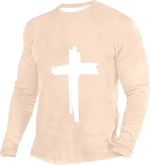 T-Shirts for Mens Jesus Cross Faith Casual Shirts Long Sleeve Crew Neck Christian Tops Comfy Soft Premium Blouses