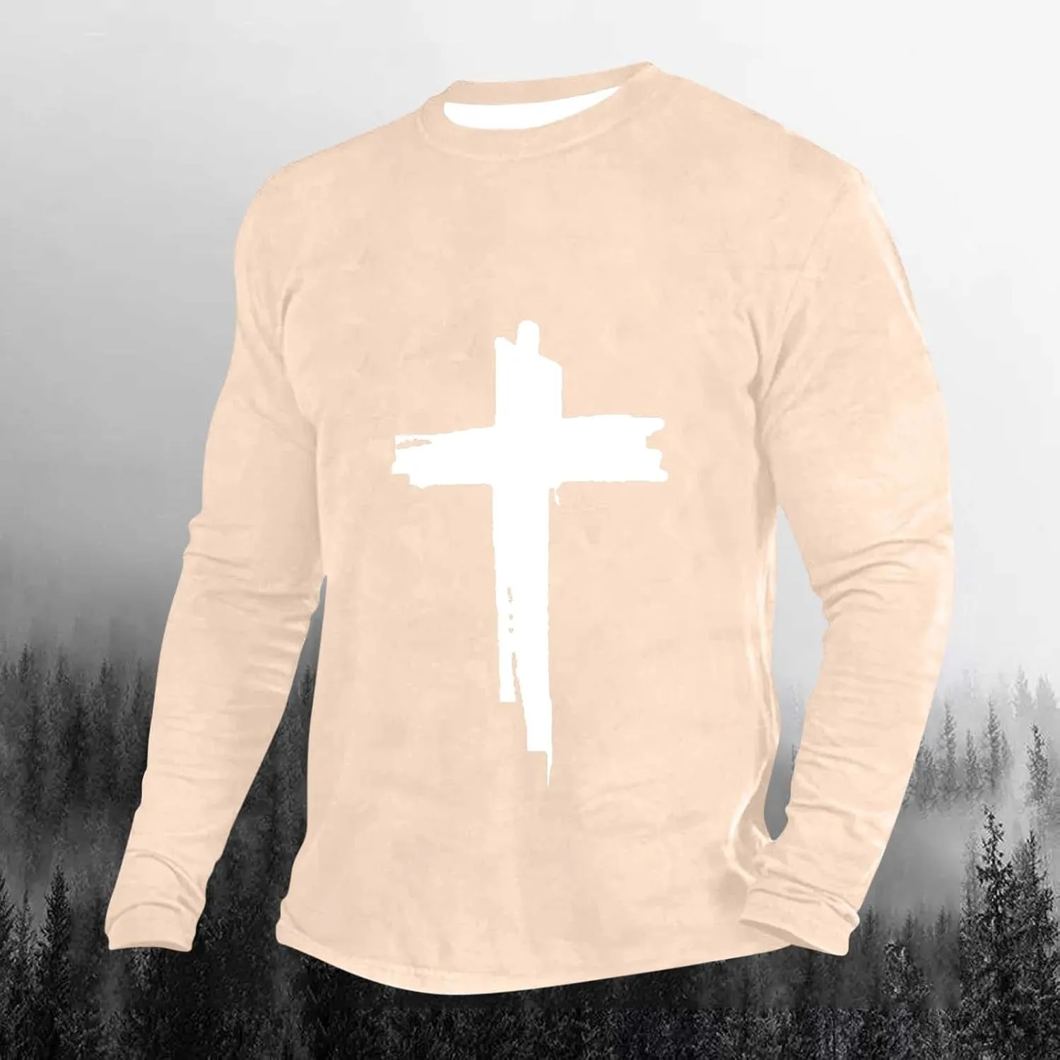 T-Shirts for Mens Jesus Cross Faith Casual Shirts Long Sleeve Crew Neck Christian Tops Comfy Soft Premium Blouses