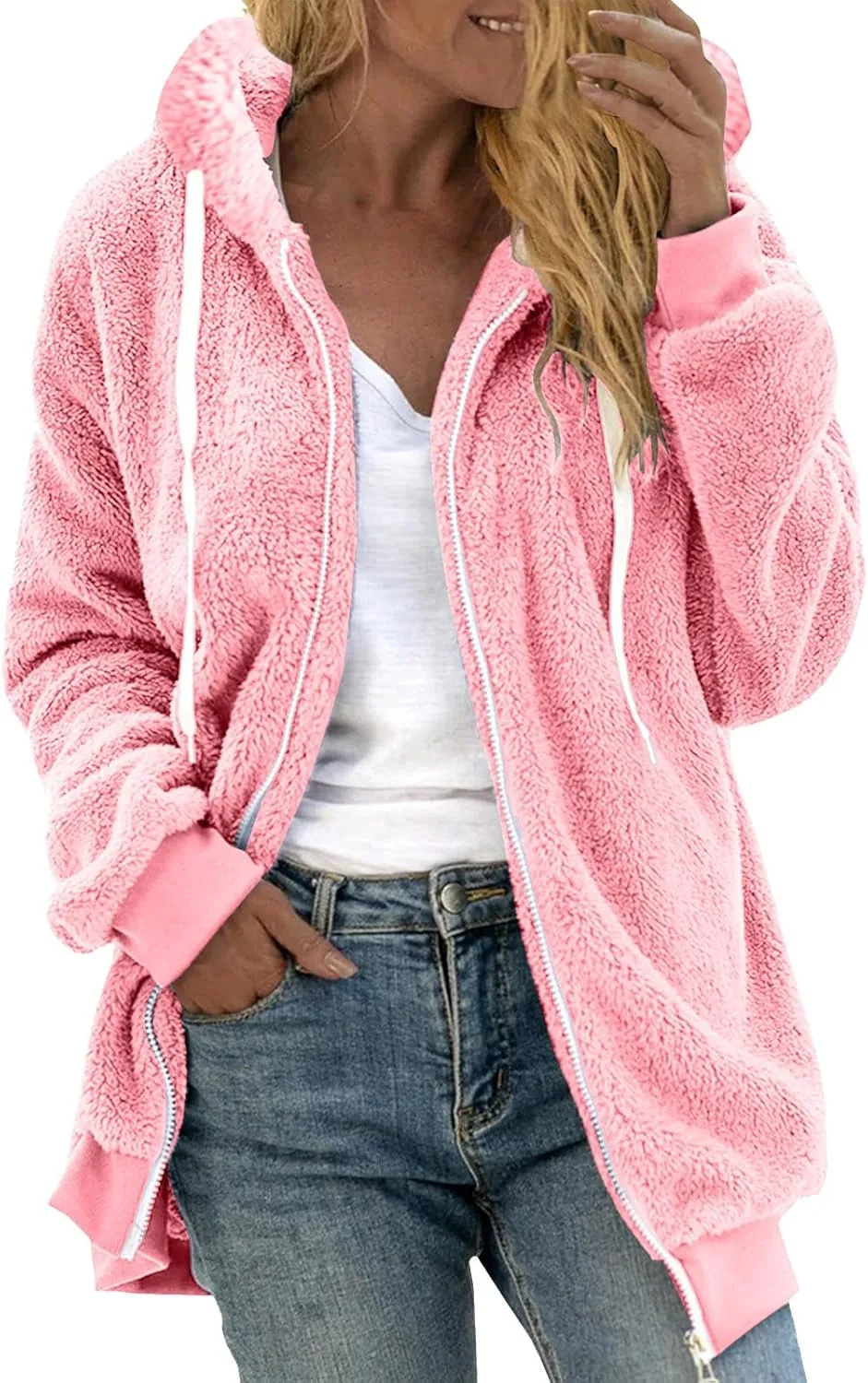 TANGNADE Cute Jackets for Women Trendy Plus Size Winter Fuzzy Fleece Coats Comfy Warm Zip Up Hoodies Outwear