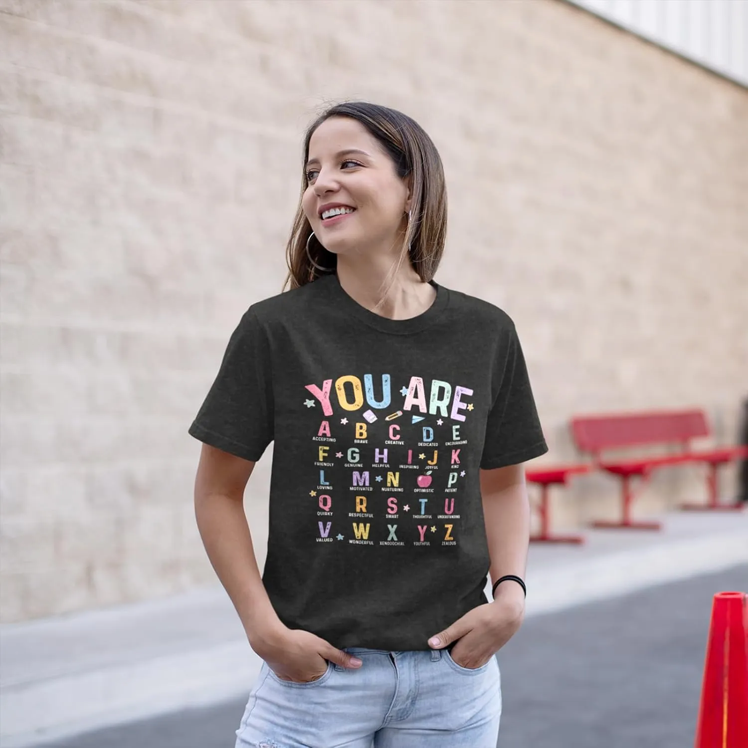 Teacher Shirts for Women Tops, Teacher T Shirts Alphabet Graphic Tees for Women Preschool Teacher Shirts