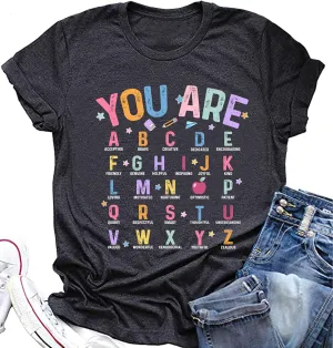Teacher Shirts for Women Tops, Teacher T Shirts Alphabet Graphic Tees for Women Preschool Teacher Shirts