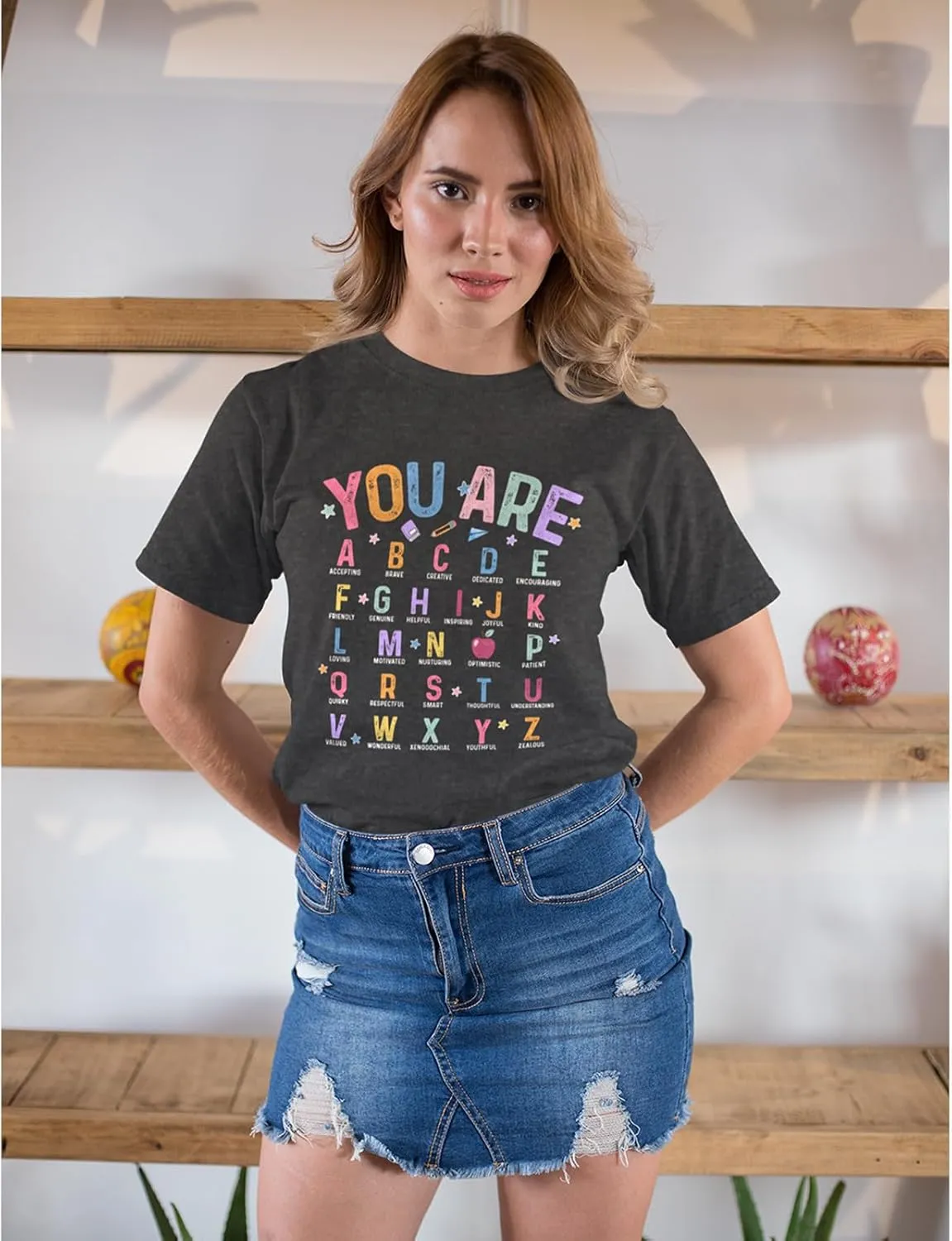 Teacher Shirts for Women Tops, Teacher T Shirts Alphabet Graphic Tees for Women Preschool Teacher Shirts