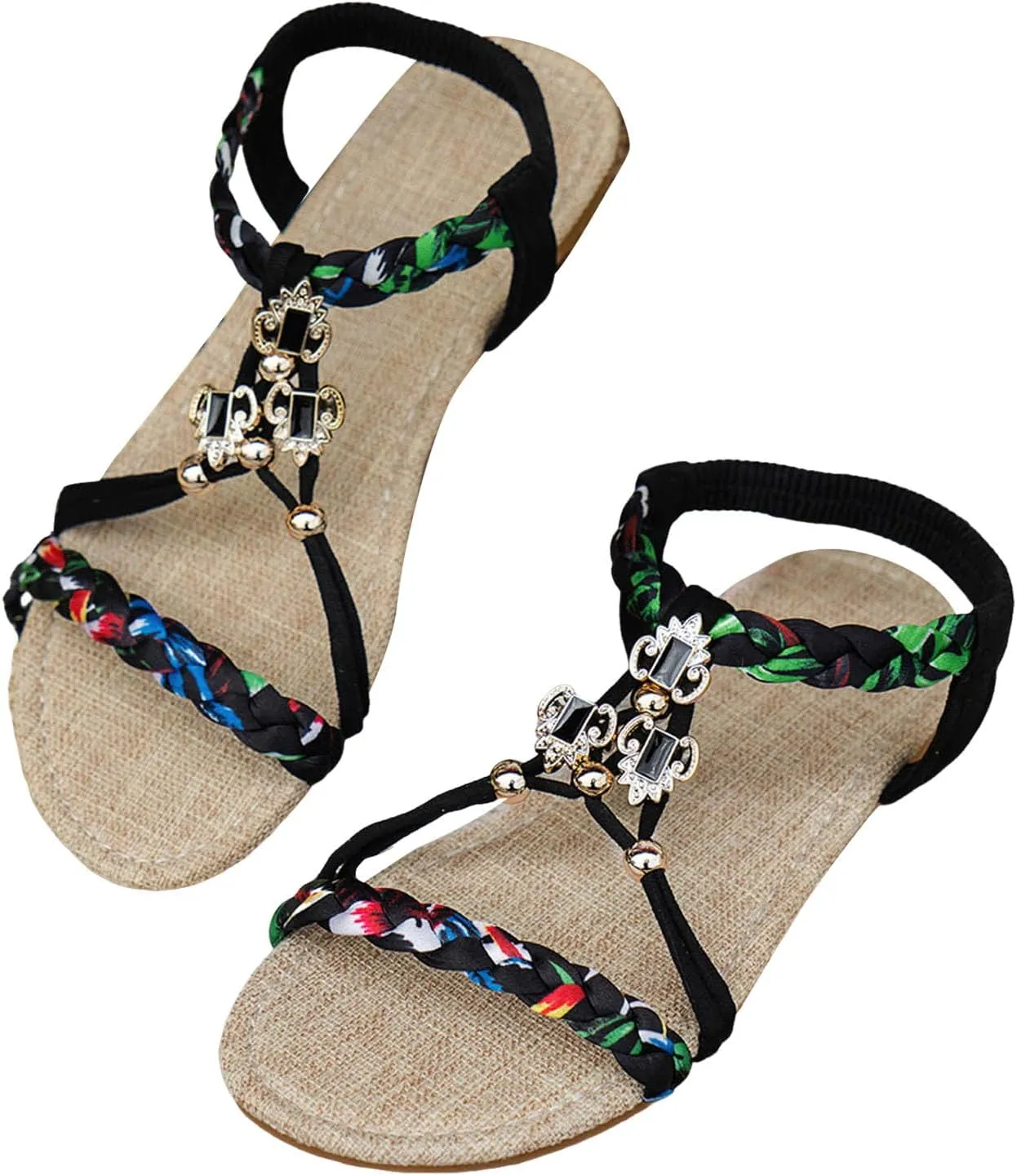 Thin Soled Bohemian Women's Shoes Fashionable Casual Braided Strap Hollow Rhinestone Outer Wear Girls Slide on Sandals