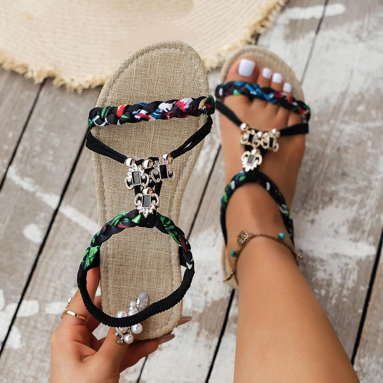 Thin Soled Bohemian Women's Shoes Fashionable Casual Braided Strap Hollow Rhinestone Outer Wear Girls Slide on Sandals