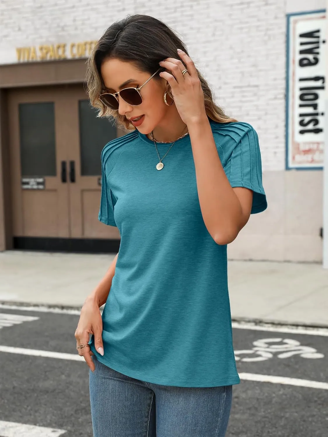 TICTICMIMI Women's Summer Short Sleeve Tops Crewneck Pleated T Shirts Casual Tees