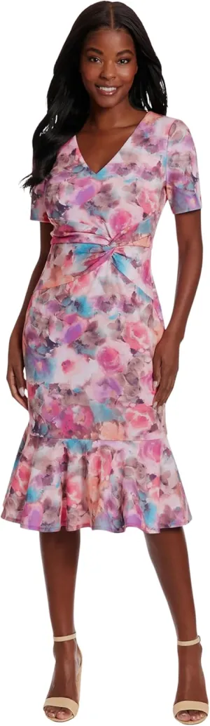 Times London Women's Dresses V-Neck Polished Flounce Hem Twist Waist Detail Feminine Office Event Guest of, Pink Multi, 20
