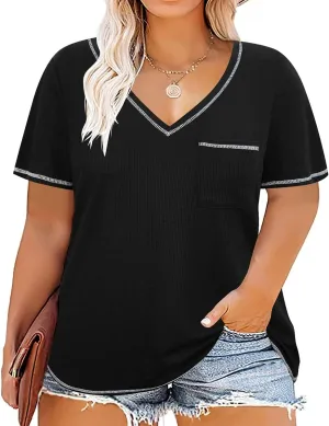 TIYOMI Plus Size T Shirt for Women Tunic Tops Plain Solid Color V Neck Spring Summer Short-Sleeve T Shirts Casual Work