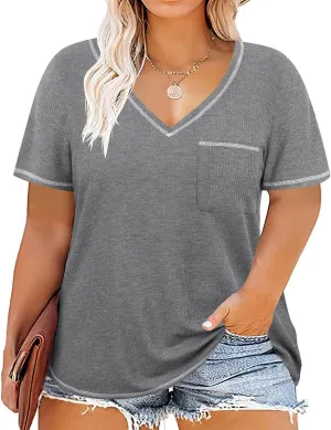 TIYOMI Plus Size T Shirt for Women Tunic Tops Plain Solid Color V Neck Spring Summer Short-Sleeve T Shirts Casual Work