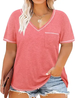 TIYOMI Plus Size T Shirt for Women Tunic Tops Plain Solid Color V Neck Spring Summer Short-Sleeve T Shirts Casual Work
