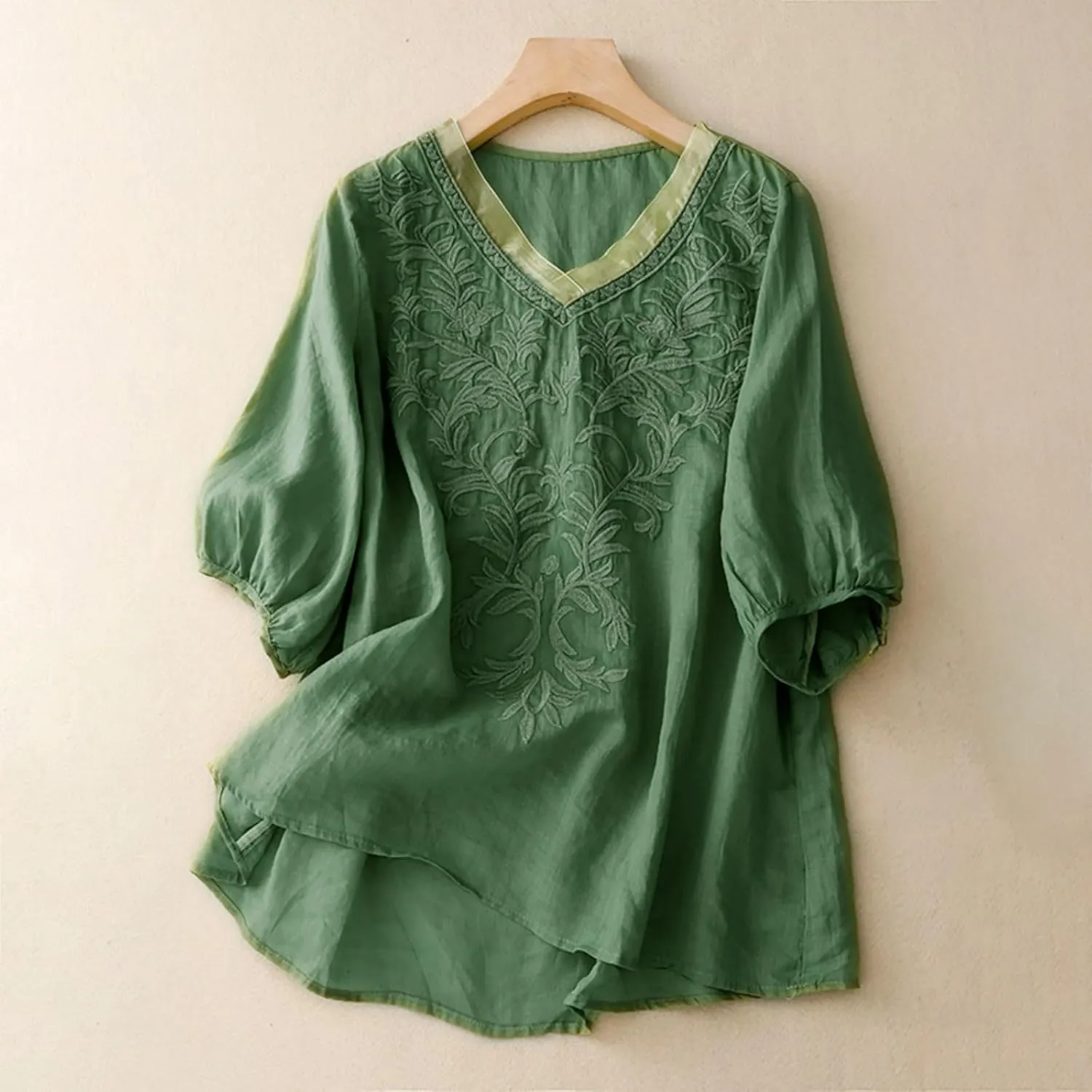 Tops for Women Trendy Summer 2025 Cotton Linen Embroidered T-Shirts Short Sleeve V Neck Blouses Casual Loose Fit Outfits