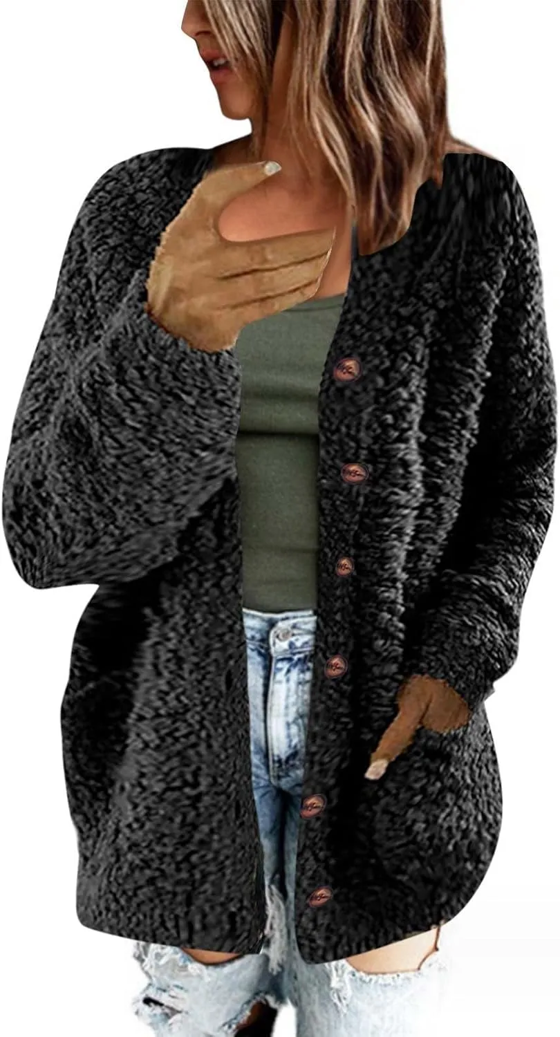 Trendy Sherpa Jacket for Women Casual Plus Size Plush Sweater Coat with Pockets Button Cardigan Coats