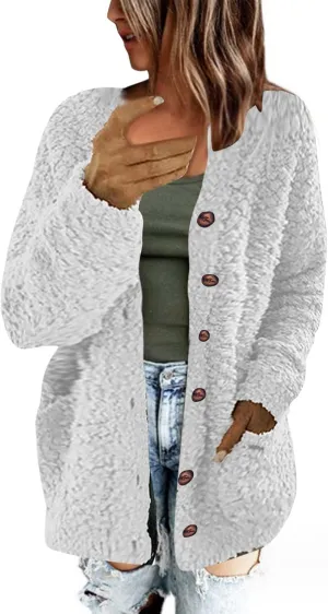 Trendy Sherpa Jacket for Women Casual Plus Size Plush Sweater Coat with Pockets Button Cardigan Coats