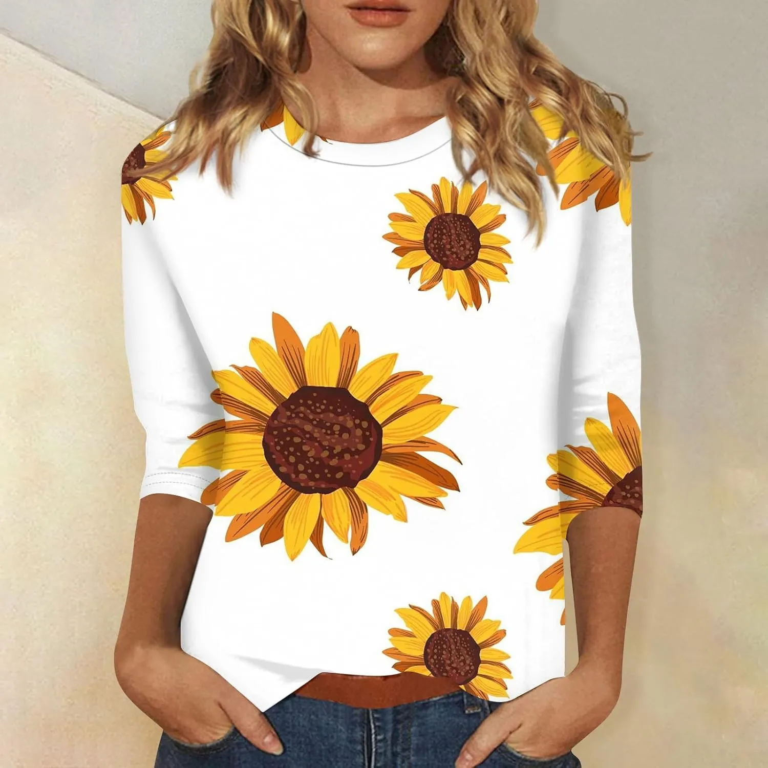 Trendy Tops for Women 2024 3/4 Length Sleeve Crew-Neck T Shirts Flower Printing Loose Casual Blouses
