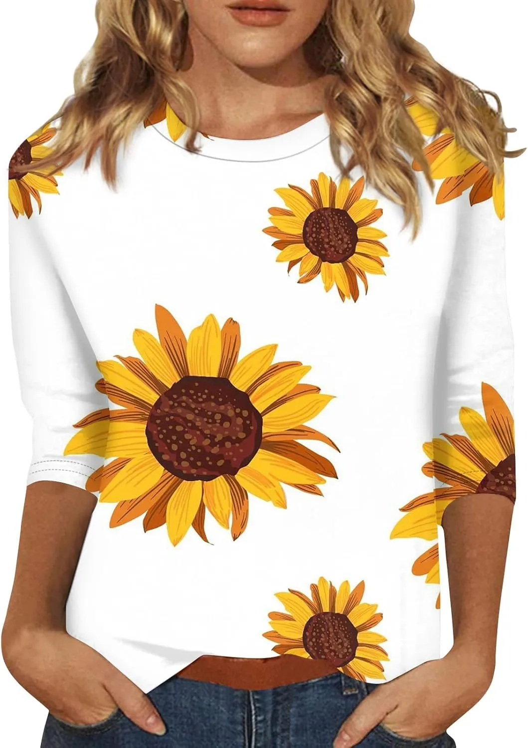 Trendy Tops for Women 2024 3/4 Length Sleeve Crew-Neck T Shirts Flower Printing Loose Casual Blouses