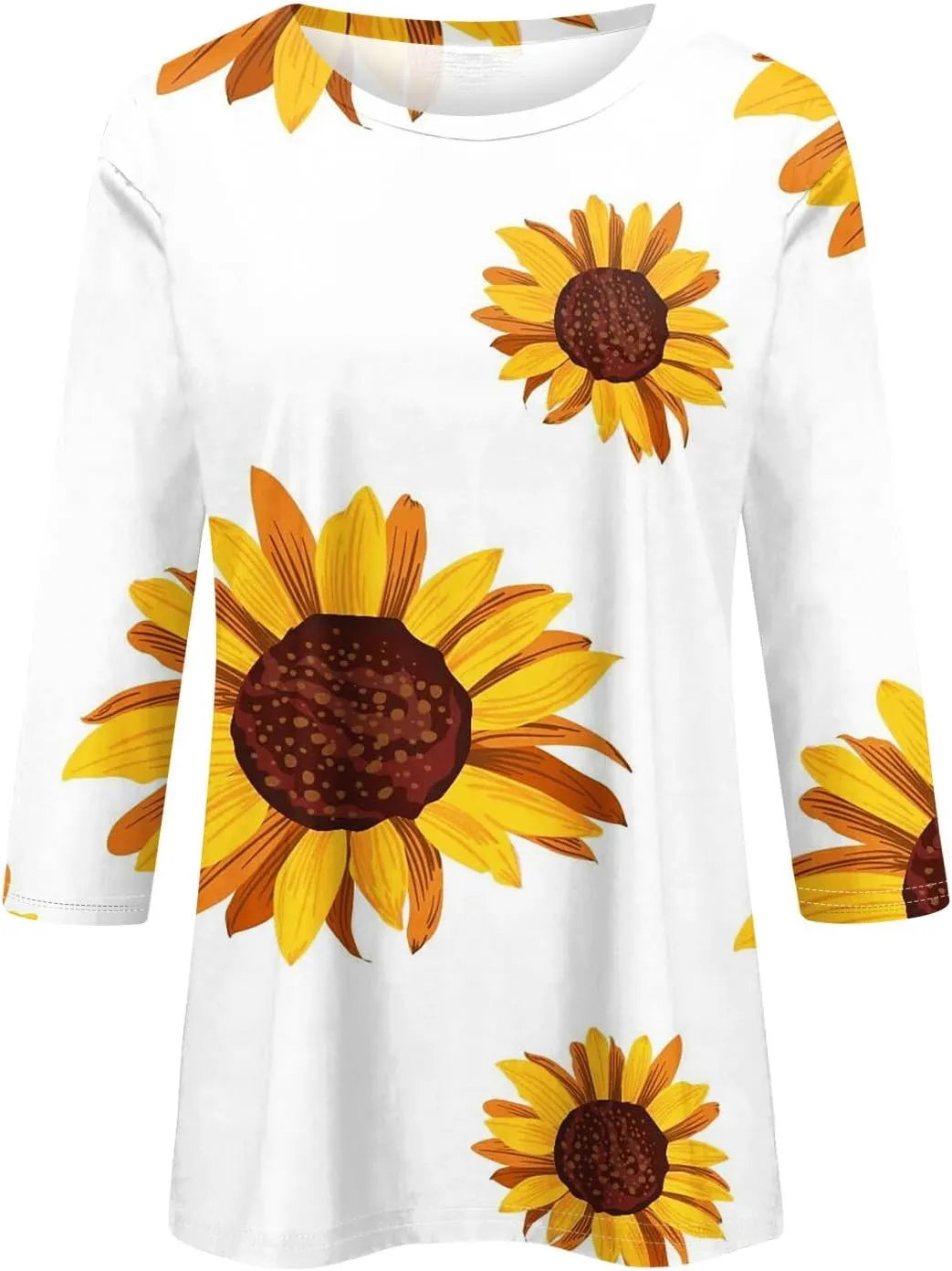 Trendy Tops for Women 2024 3/4 Length Sleeve Crew-Neck T Shirts Flower Printing Loose Casual Blouses