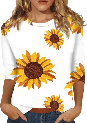 Trendy Tops for Women 2024 3/4 Length Sleeve Crew-Neck T Shirts Flower Printing Loose Casual Blouses
