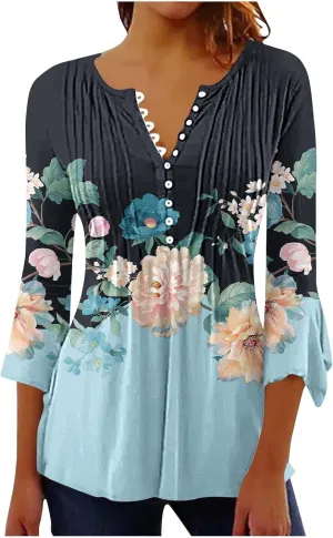 Trendy Tops for Women 2024 Boho Floral Print Empire Waist 3/4 Sleeve Button Down Shirts Casual Loose Bohemian Blouses