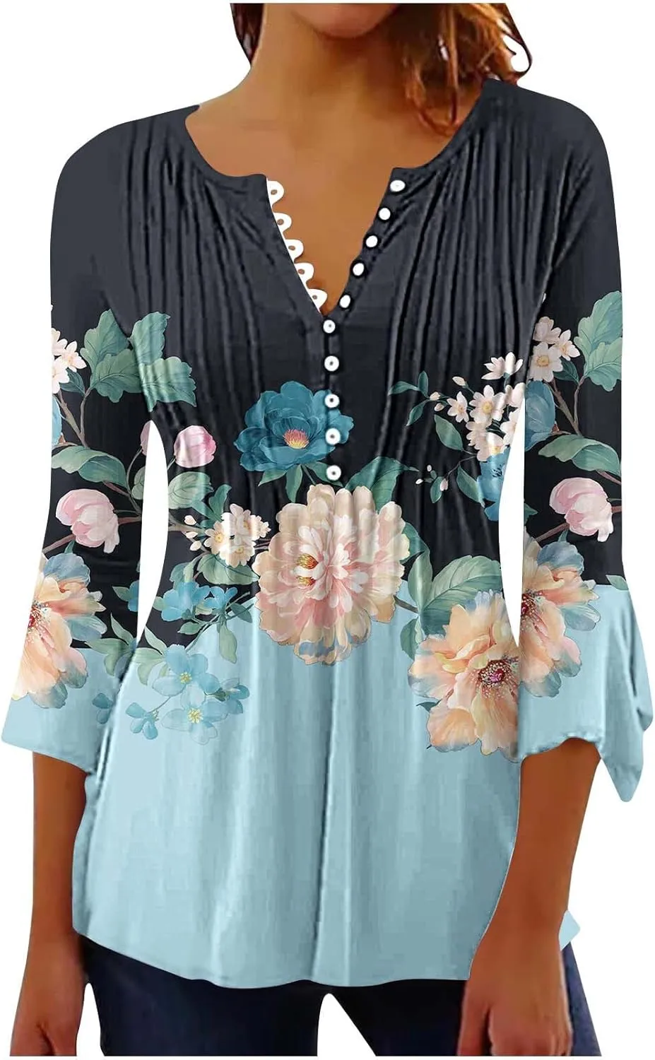 Trendy Tops for Women 2024 Boho Floral Print Empire Waist 3/4 Sleeve Button Down Shirts Casual Loose Bohemian Blouses