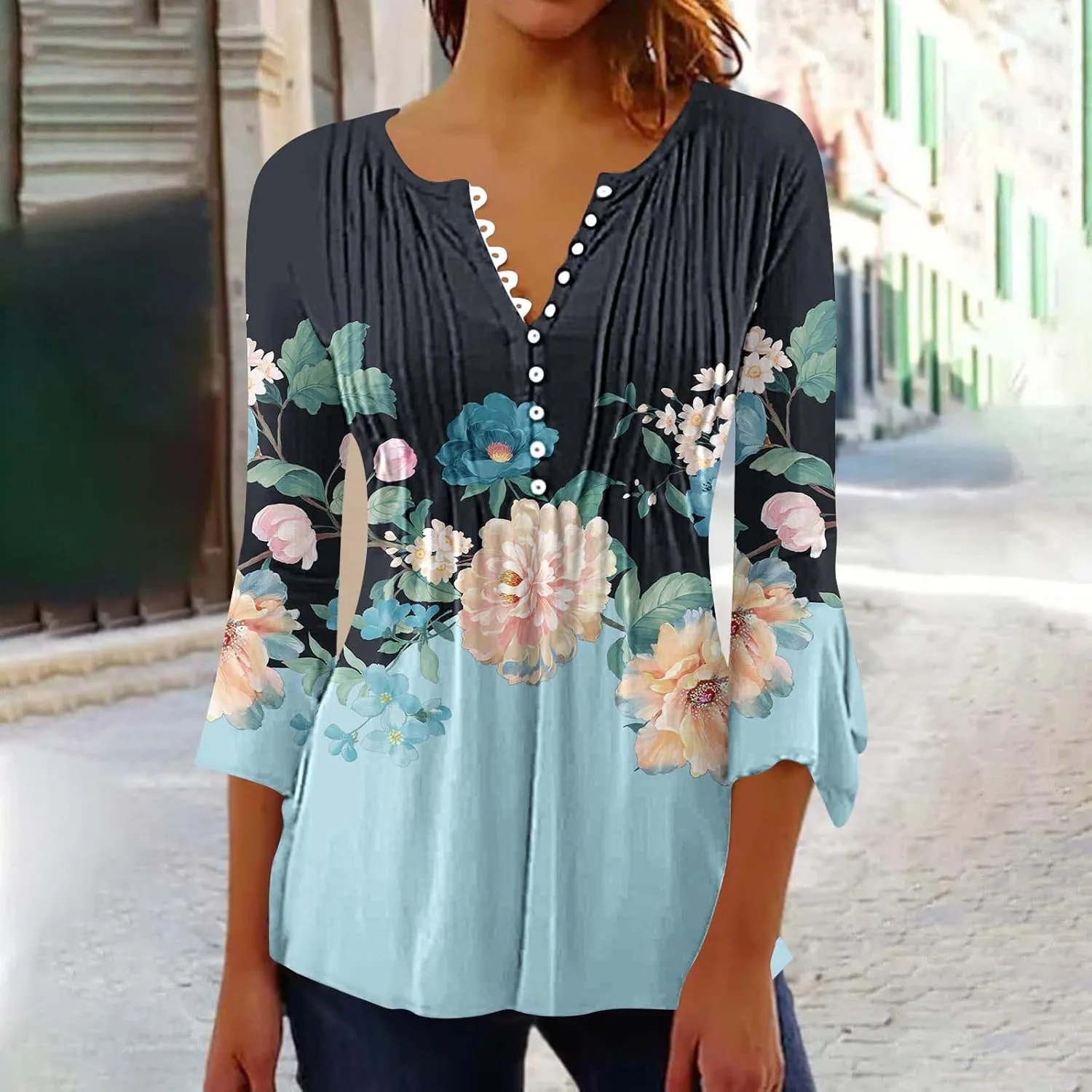 Trendy Tops for Women 2024 Boho Floral Print Empire Waist 3/4 Sleeve Button Down Shirts Casual Loose Bohemian Blouses