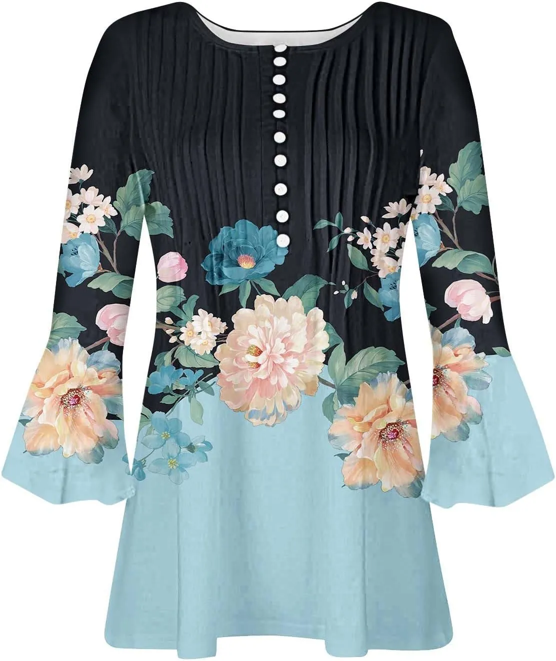 Trendy Tops for Women 2024 Boho Floral Print Empire Waist 3/4 Sleeve Button Down Shirts Casual Loose Bohemian Blouses