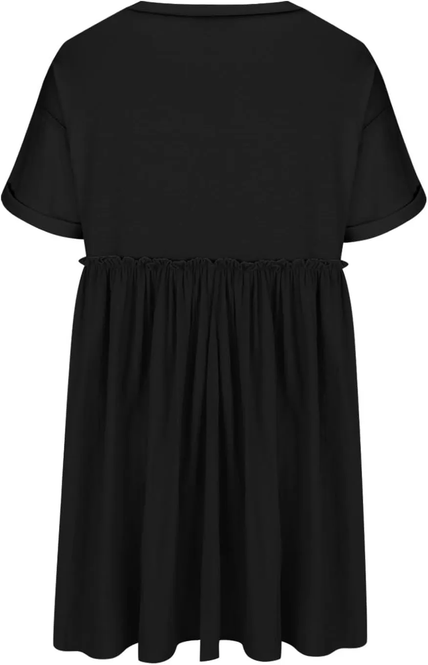 Tunic Dress for Womens Loose Fit Drop Shoulder Ruffle Flowy Mini Dress Cute Y2K Summer Crew Neck Short Swing Skater Dresses