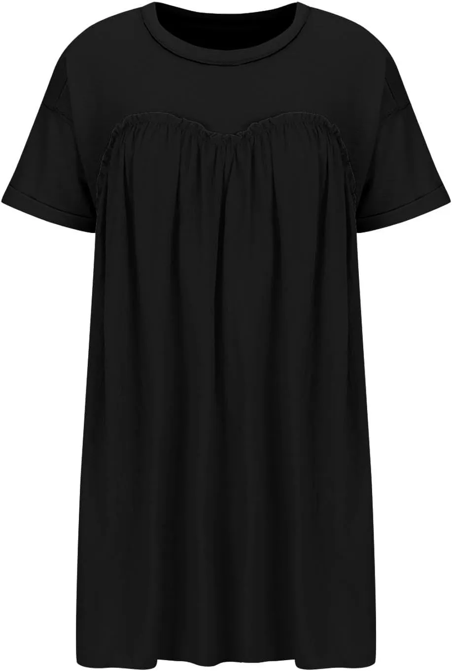 Tunic Dress for Womens Loose Fit Drop Shoulder Ruffle Flowy Mini Dress Cute Y2K Summer Crew Neck Short Swing Skater Dresses