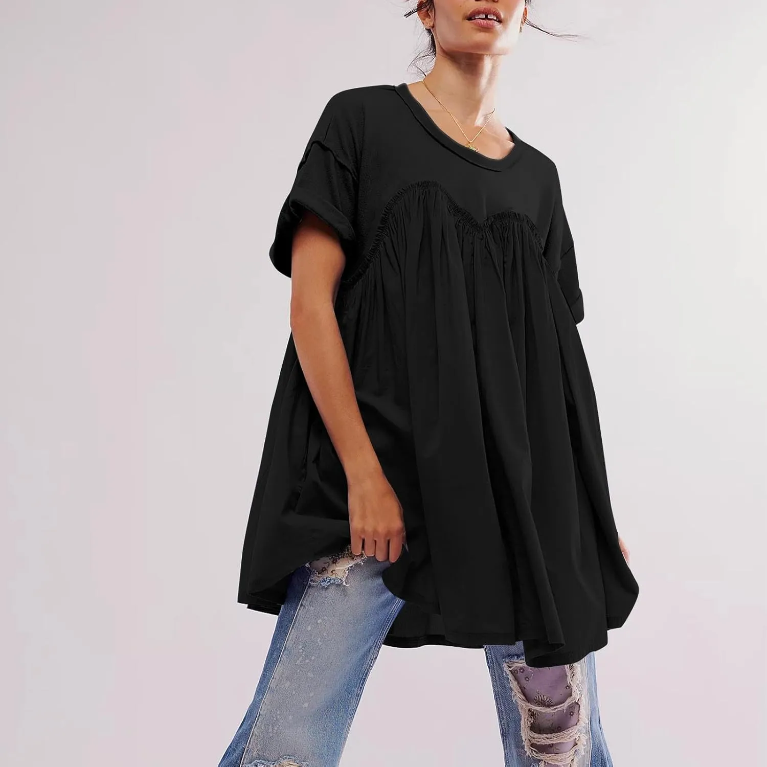 Tunic Dress for Womens Loose Fit Drop Shoulder Ruffle Flowy Mini Dress Cute Y2K Summer Crew Neck Short Swing Skater Dresses