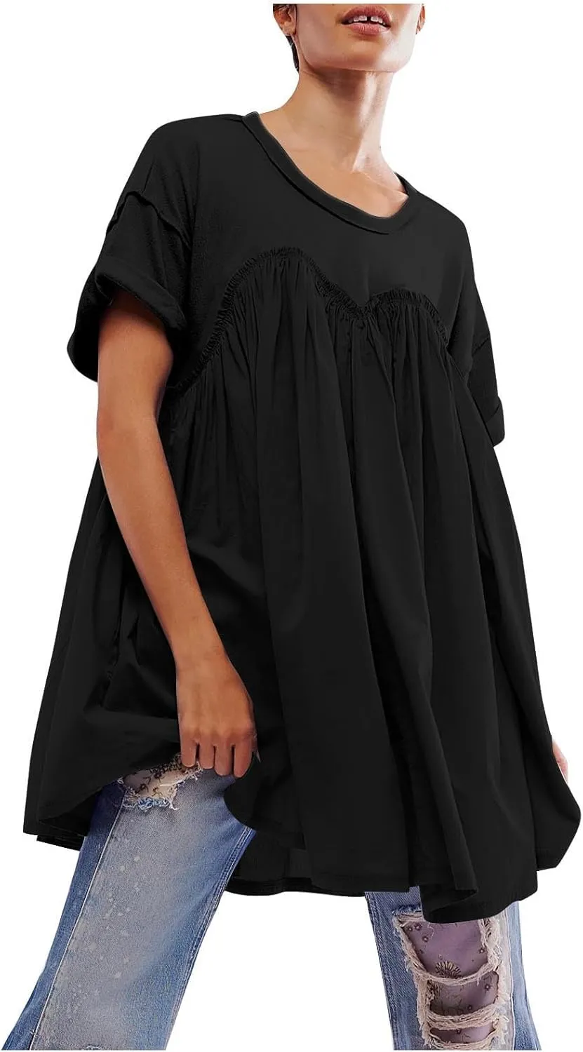 Tunic Dress for Womens Loose Fit Drop Shoulder Ruffle Flowy Mini Dress Cute Y2K Summer Crew Neck Short Swing Skater Dresses