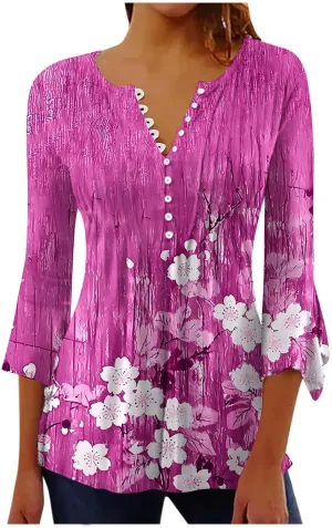 Tunic Henley Tops for Womens 2025 Trendy Boho Floral Print Tunics Shirts 3/4 Bell Sleeve Button V Neck Tshirt Blouses