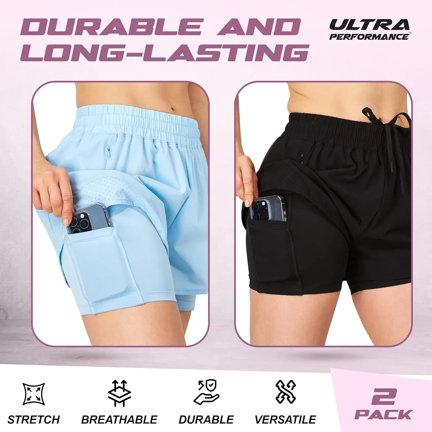 Ultra Performance Gym Shorts Women Pack of 2, Nylon Compression Workout Shorts Women with Liner