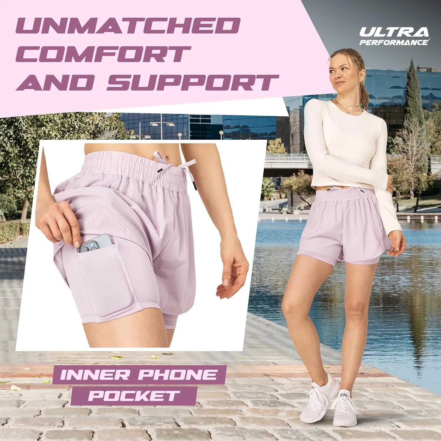 Ultra Performance Gym Shorts Women Pack of 2, Nylon Compression Workout Shorts Women with Liner